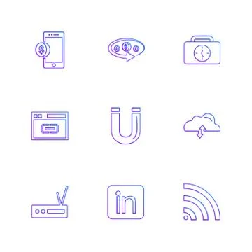 Mobile , tine , breifcase , magnet , cloud , upload , radio , linkedin , wifi Stock Illustration
