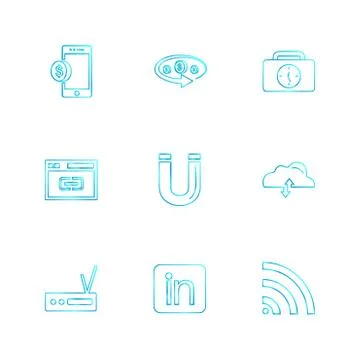 Mobile , tine , breifcase , magnet , cloud , upload , radio , linkedin , wifi Stock Illustration