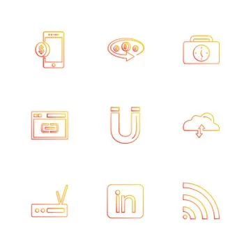 Mobile , tine , breifcase , magnet , cloud , upload , radio , linkedin , wifi Stock Illustration