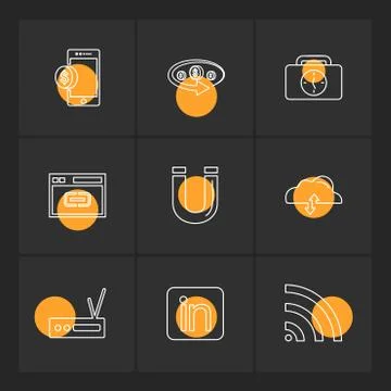 Mobile , tine , breifcase , magnet , cloud , upload , radio , linkedin , wifi Stock Illustration