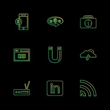 Mobile , tine , breifcase , magnet , cloud , upload , radio , linkedin , wifi Stock Illustration