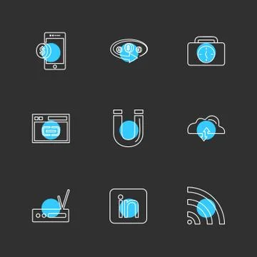 Mobile , tine , breifcase , magnet , cloud , upload , radio , linkedin , wifi Stock Illustration