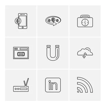Mobile , tine , breifcase , magnet , cloud , upload , radio , linkedin , wifi Stock Illustration