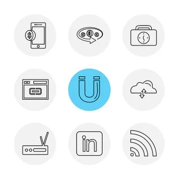 Mobile , tine , breifcase , magnet , cloud , upload , radio , linkedin , wifi Stock Illustration
