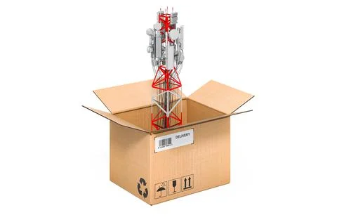 Mobile tower with cellular phone antennas inside cardboard box, 3D rendering Stock Illustration