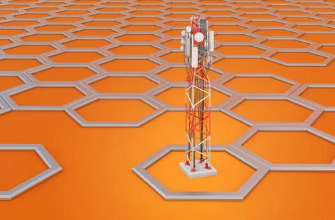 Mobile tower with cellular phone antennas on orange background, 3d rendering Stock Illustration