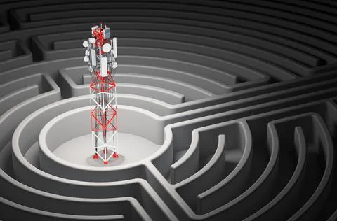 Mobile tower at center of dark maze, 3D rendering Stock Illustration