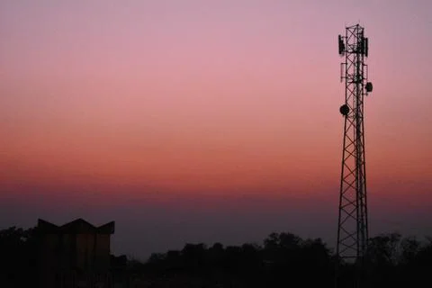 A mobile tower standing between the trees captured during sunset Stock Photos