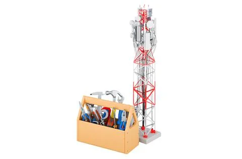 Mobile tower with toolbox. Service and repair concept. 3D rendering Stock Illustration