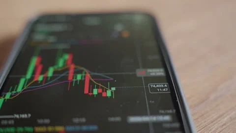 Mobile trading app with candlestick chart on phone screen Stock Footage 334045441