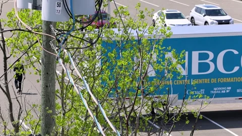 Mobile Training Centre Trailer in Parking Lot with Power Lines Stock Footage 330196594