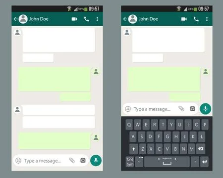 Mobile UI kit Chat app with mobile keyboard template on smartphone screen. Illustrazione stock