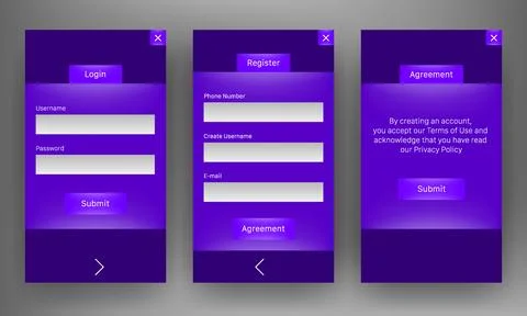 Mobile user interface kit with neon purple login and registration forms Stock Illustration