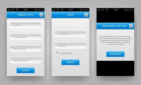 Mobile user interface kit with registration login forms and subscription scre Stock Illustration