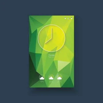 Mobile user interface template with clock icon and weather forecast icons set Illustrazione stock