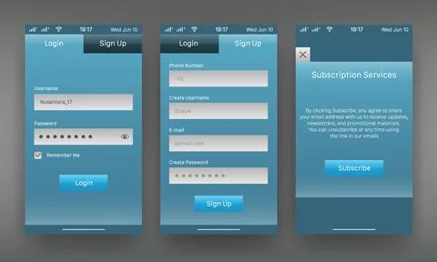 Mobile user interface template kit with login registration and subscription.. Stock Illustration