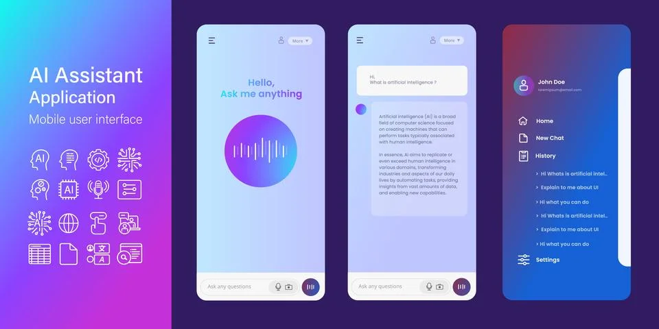 Mobile user interface UI for AI virtual assistant Application artificial Stock Illustration