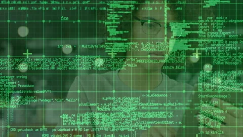 Mobile user tapping smartphone in cafe, decoding tech code overlay shifting into Stock Footage 312041327