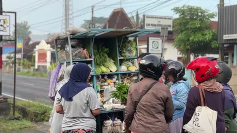 A mobile vegetable vendor crowded by customers, depict of rural life. Stock Footage 308270773
