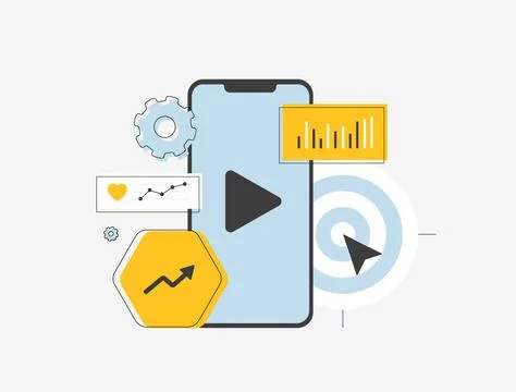 Mobile video analytics illustration with smartphone, play button, charts, growth Stock Illustration