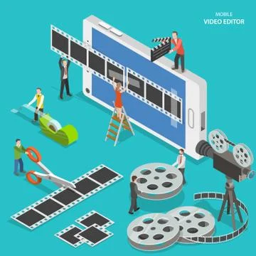 Mobile video editor flat isometric vector concept. Stock Illustration