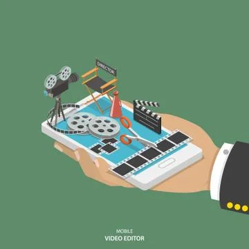 Mobile video editor flat isometric vector concept. Stock Illustration