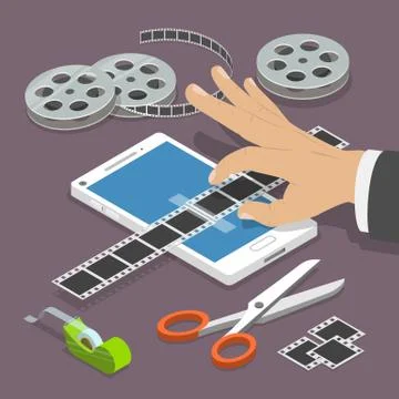 Mobile video editor flat vector isometric concept. Stock Illustration