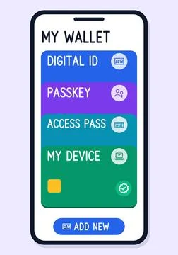 Mobile wallet app screen flat design with digital ID, passkey, access pass and Stock Illustration