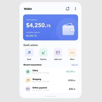 Mobile wallet balance app interface. vector illustration Illustrazione stock