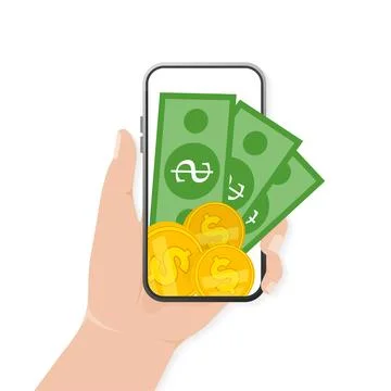 Mobile wallet. Internet banking app. Web design, mobile app. Hand holding Stockillustratie
