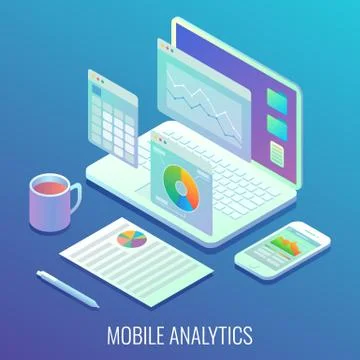 Mobile web analytics concept vector flat isometric illustration 스톡 일러스트