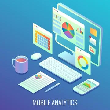 Mobile web analytics concept vector flat isometric illustration 스톡 일러스트
