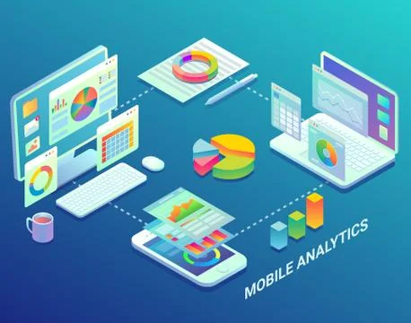 Mobile web analytics infographic, vector flat isometric illustration Stock Illustration