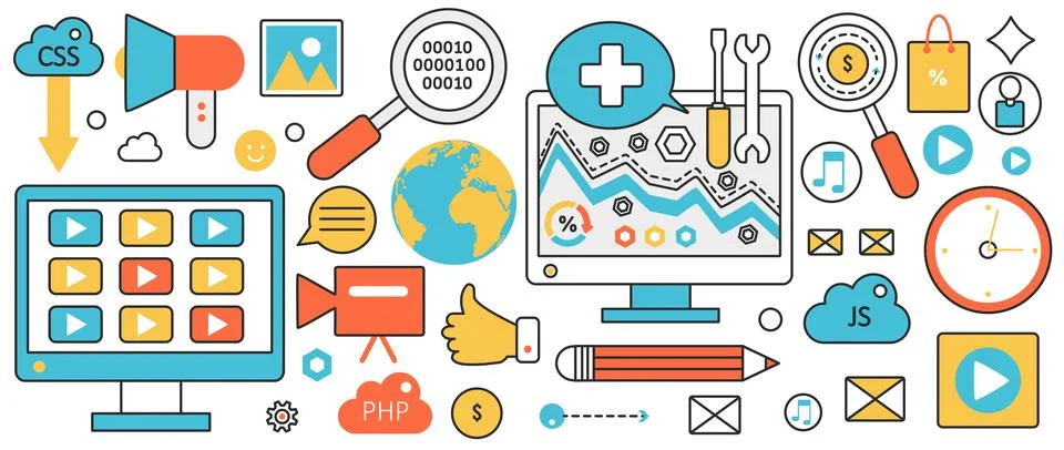 Mobile web site development, process with digital marketing tools, programming 库存插图