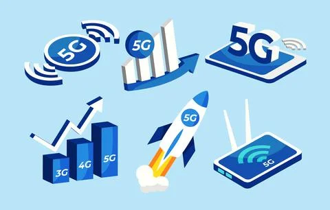 Mobile wireless 5th generation technology element design vector set. Stock Illustration