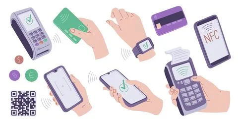 Mobile, wireless contactless payment systems vector flat set, hand pays by card Illustrazione stock
