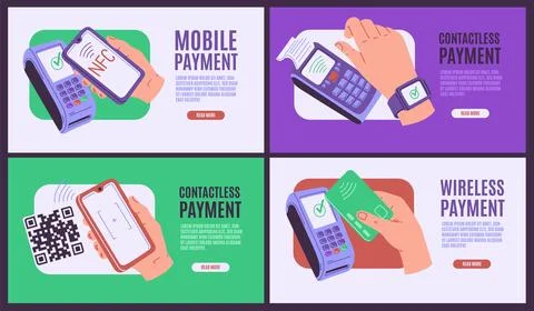 Mobile, wireless contactless payment systems, vector flat banners set, person Stock-Illustration