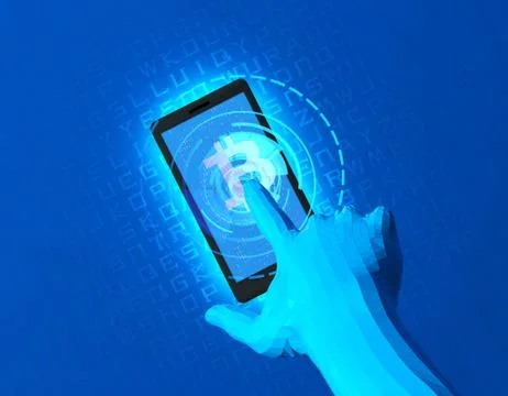 Mobile wireless payment and bitcoin, smart finger recognition Illustration