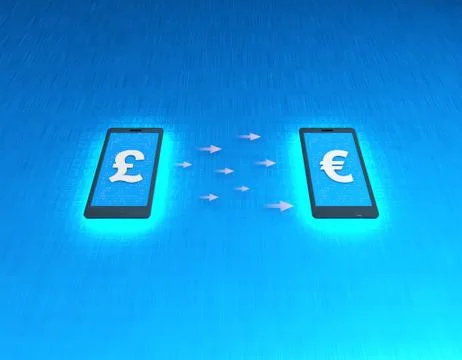 Mobile wireless payment and exchange, Euro and British pound exchange Ilustración de archivo