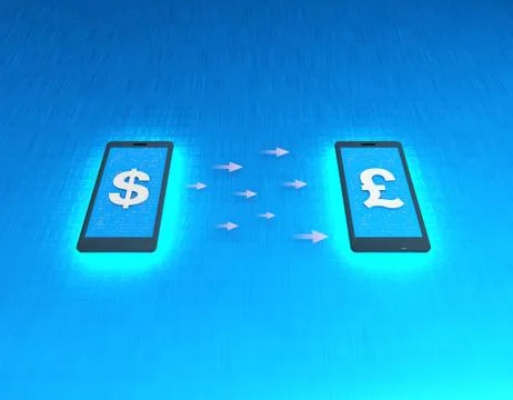 Mobile wireless payment and exchange, US dollar and British pound exchange Illustration