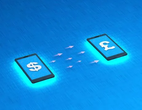 Mobile wireless payment and exchange, US dollar and British pound exchange Illustration