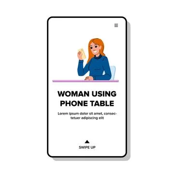 Mobile woman using phone table vector Stock Illustration