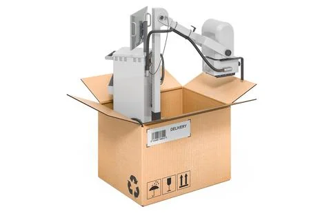 Mobile x-ray machine inside cardboard box, delivery concept. 3D rendering Stock Illustration