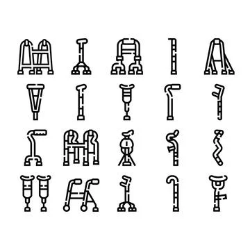 Mobility aids outline icons set for disability support Stock Illustration