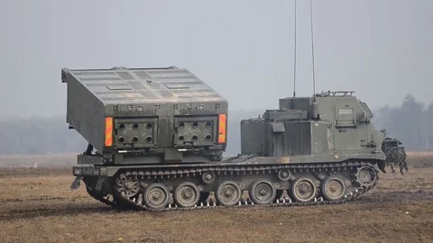 Mobility Artillery Rocket System. Aimed at the target Stock Footage 121796156