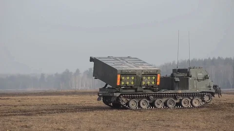 Mobility Artillery Rocket System. Shot, shells fly out Stock Footage 121796067