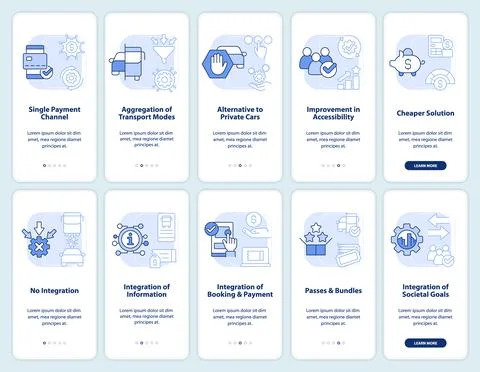 Mobility services light blue onboarding mobile app screen set 스톡 일러스트