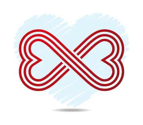 Mobius loop made of three red lines. Touching hearts. Blue heart as background Stock Illustration