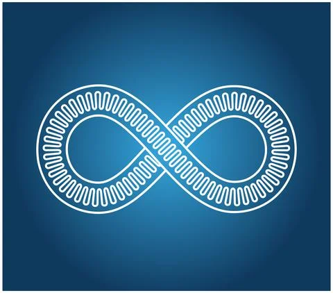 Mobius loop of three lines, one undulating. Blue background. Infinity symbol 8 Stock Illustration