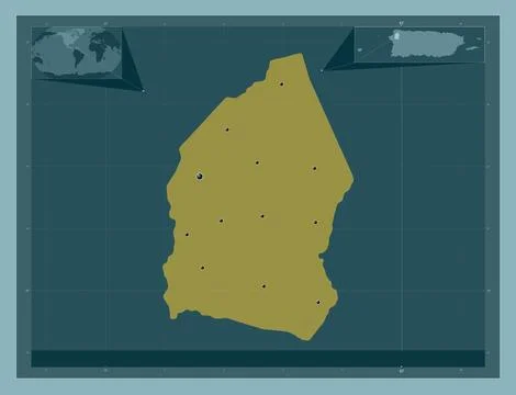Moca, Puerto Rico. Solid color shape. Locations of major cities of the region 스톡 일러스트
